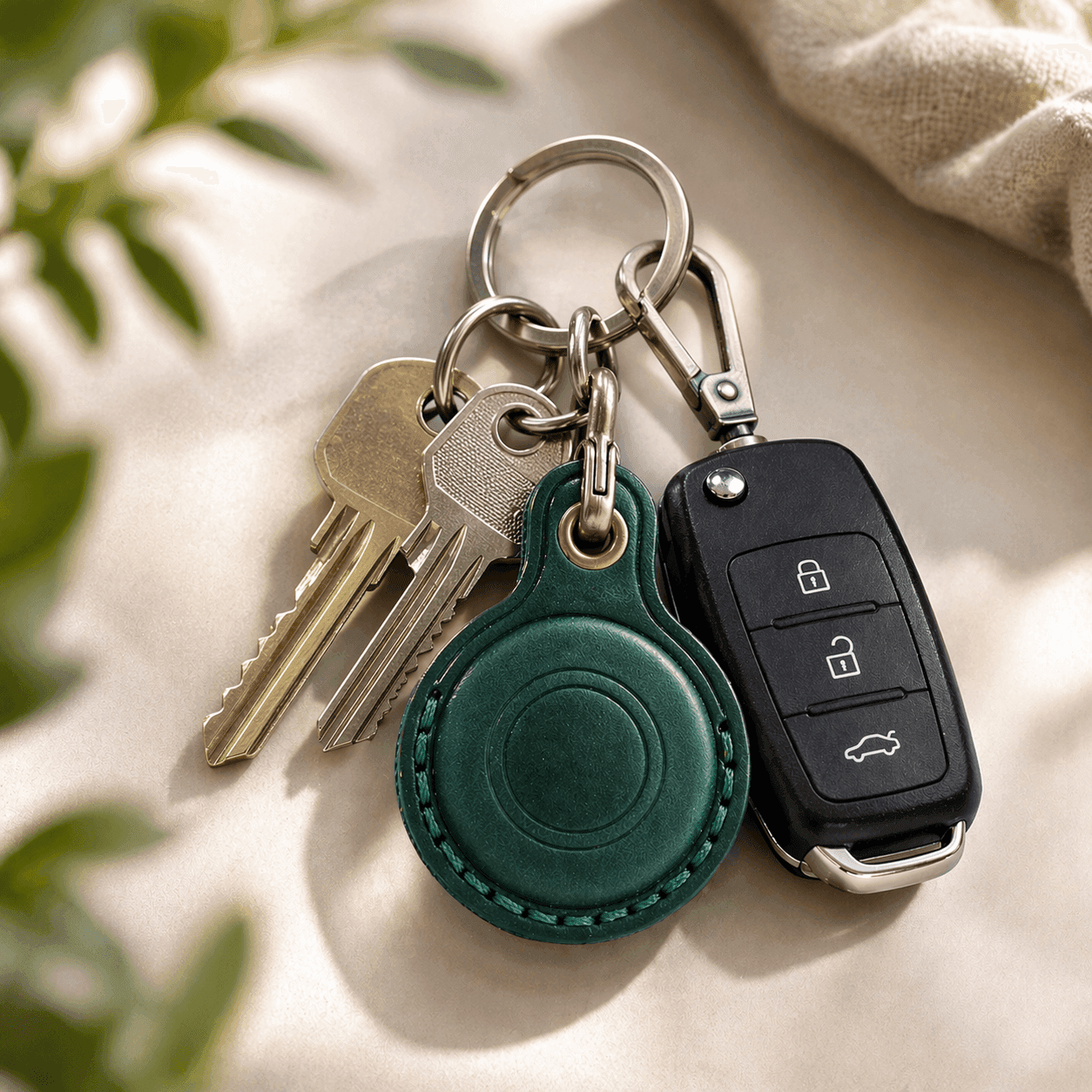 Green leather Smart Tag case on keys