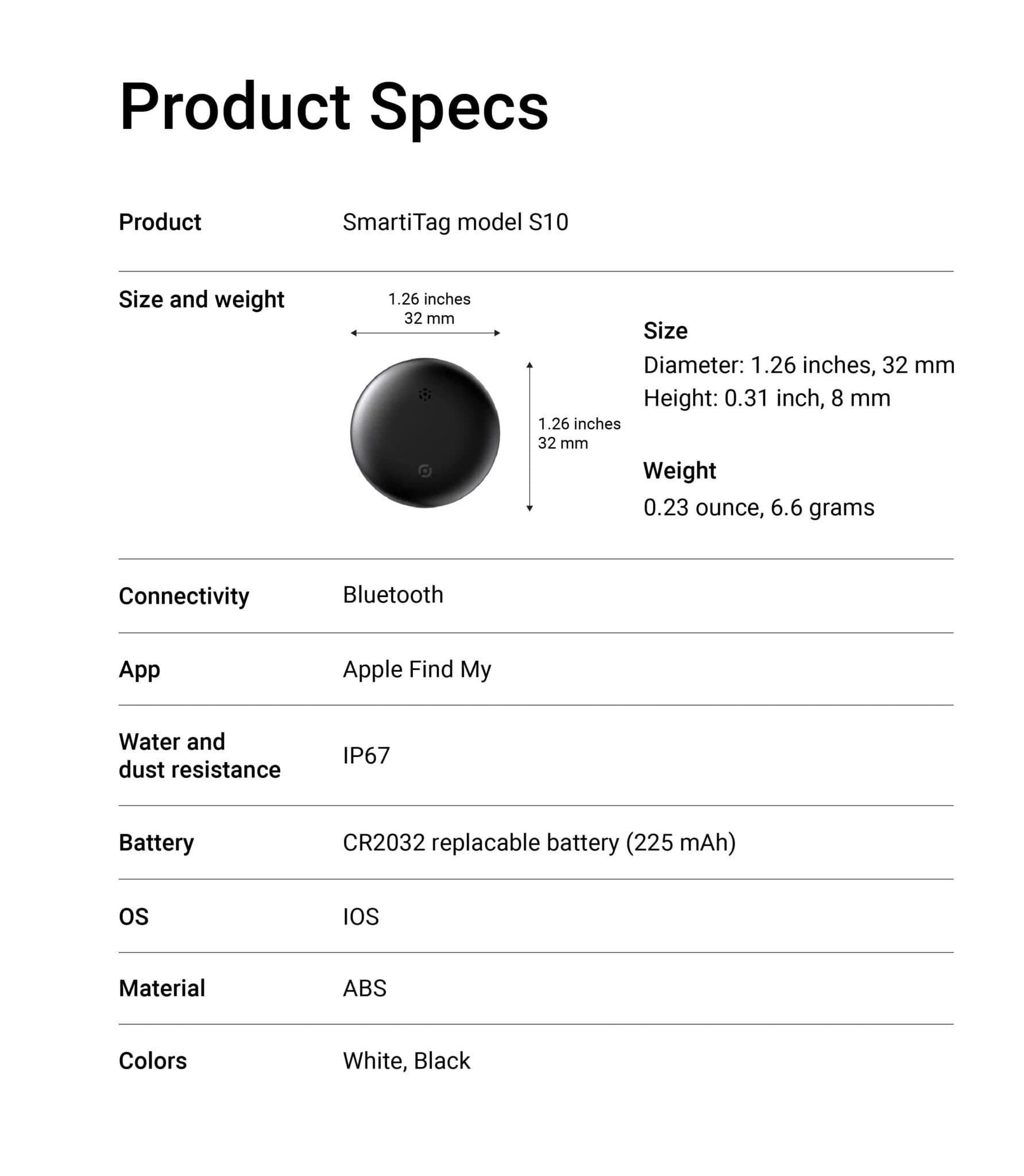 SmartiTag Product Specs